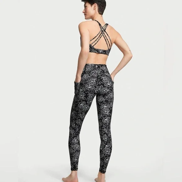 NWT-VICTORIA'S SECRET Essential High-Rise Pckt Leggings- Black & white floral XS - Picture 2 of 6